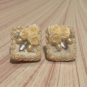 Vintage Fabric Roses Pearls Bling Cream Floral Earrings